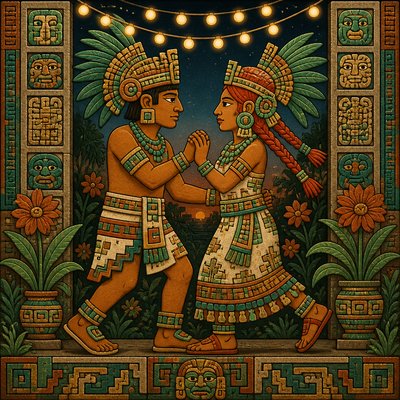 an original couple dancing under string lights in a garden at dusk: a man with short black hair in a linen shirt and a woman with braided red hair in a summer dress