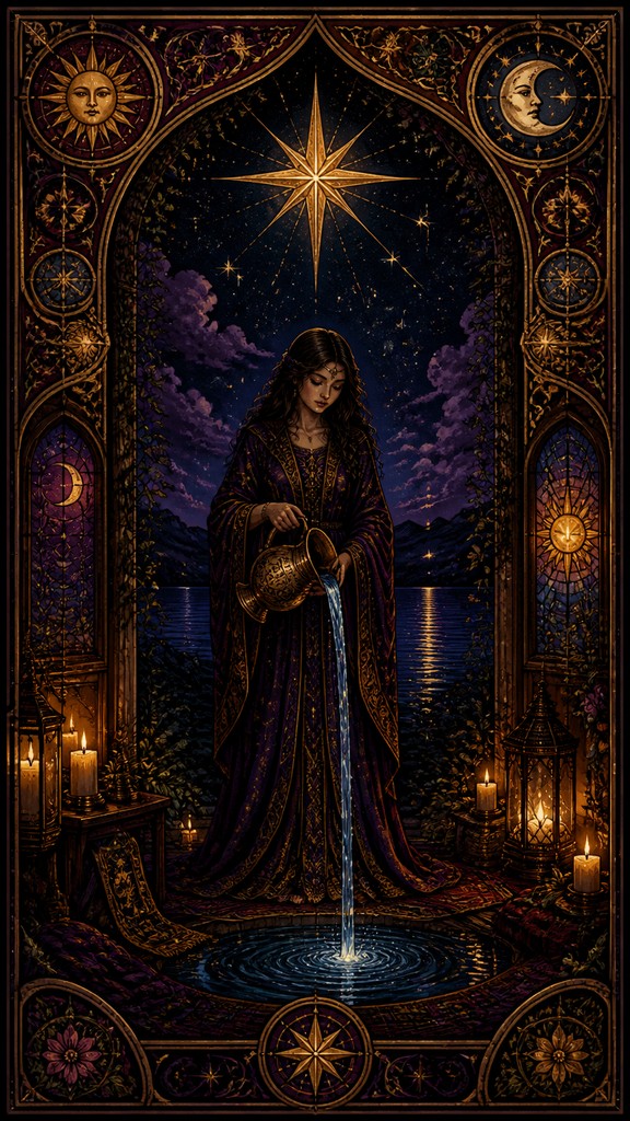 a robed figure pouring water beneath a large eight-pointed star in a night sky, symmetrical composition with an ornate decorative border, no text