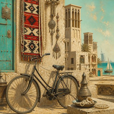 bicyle resting against a wall — Emirati Art Style