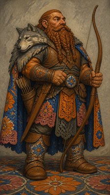 full-body original character: a dwarven ranger with a braided auburn beard, worn leather armor, a longbow and a wolf-pelt cloak, neutral background, no text