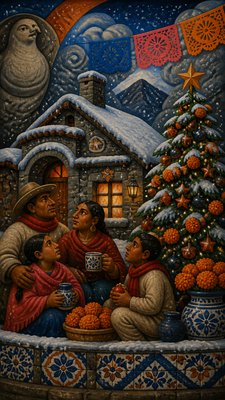 a snow-covered cottage with warm glowing windows beside a decorated pine tree, gentle snowfall, no text