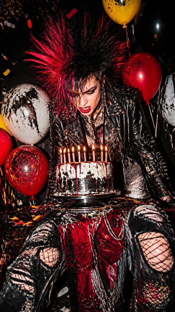 a birthday cake with lit candles surrounded by balloons and confetti, festive vertical composition, no text