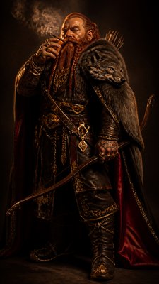 full-body original character: a dwarven ranger with a braided auburn beard, worn leather armor, a longbow and a wolf-pelt cloak, neutral background, no text