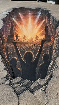 a live music scene with a glowing stage and silhouetted crowd, energetic vertical composition with open space at the top, no text
