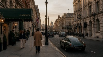 bustling city street panorama at dusk