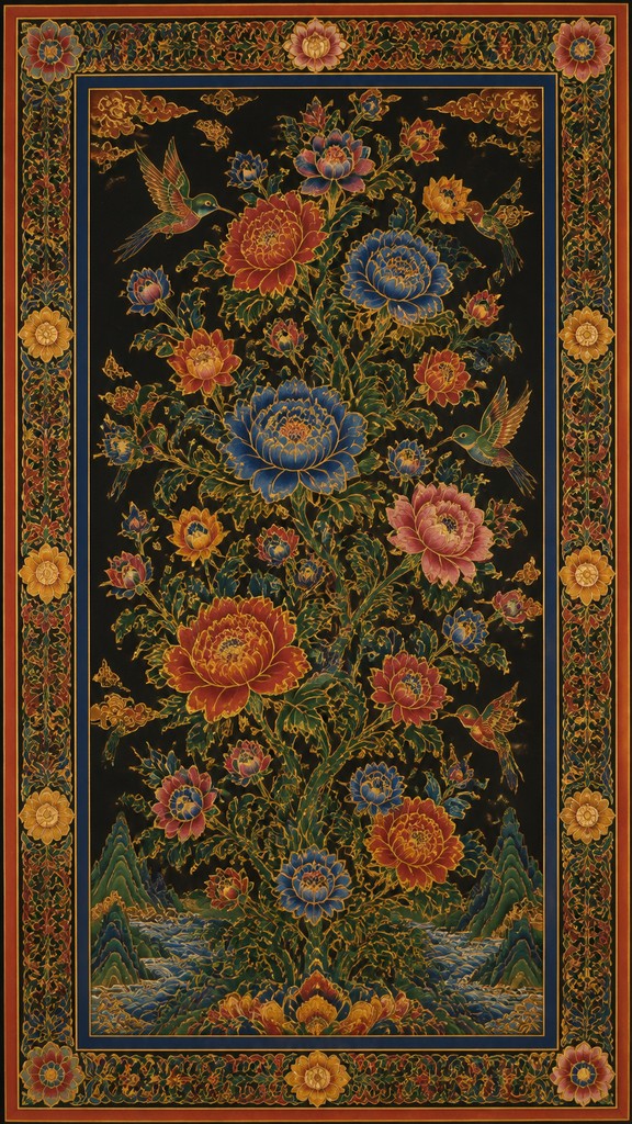 a climbing vine of flowers and hummingbirds on a dark background, tall wrapping composition, no text