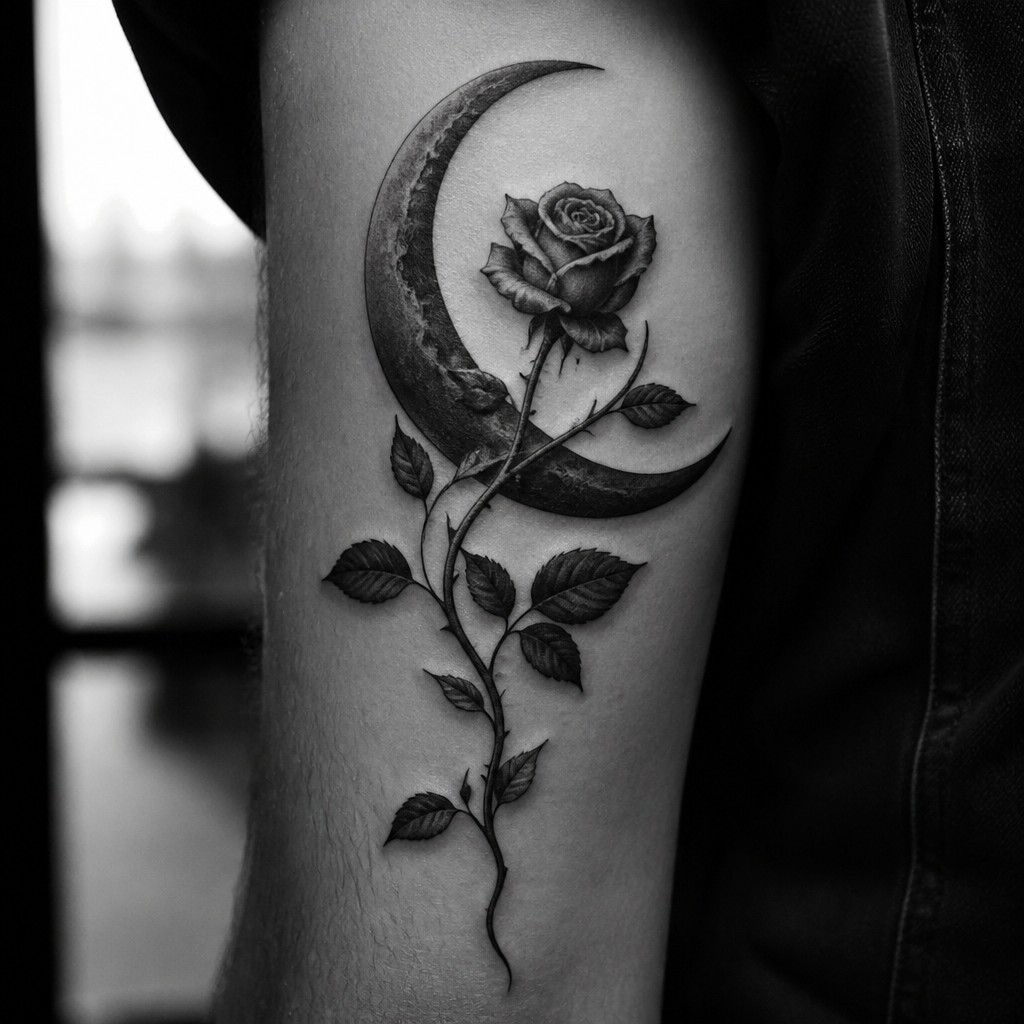 a rose entwined with a crescent moon, clean balanced composition on a plain background, no text