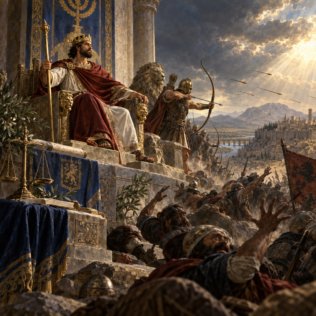 Psalms 45:5-6 (JPS)
5 (45:6) Thine arrows are sharp - the peoples fall under thee - they sink into the heart of the king's enemies.
6 (45:7) Thy throne given of God is for ever and ever; a sceptre of equity is the sceptre of thy kingdom.