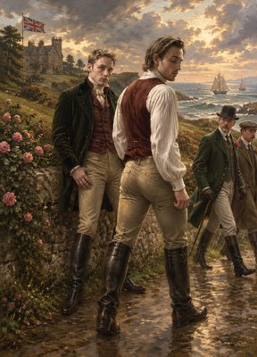 a painting of a group of men walking on a path