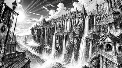 a cliffside city with waterfalls cascading into a misty canyon, wide establishing shot, no people, no text