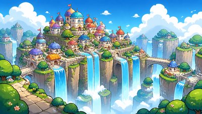 a cliffside city with waterfalls cascading into a misty canyon, wide establishing shot, no people, no text