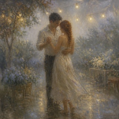 an original couple dancing under string lights in a garden at dusk: a man with short black hair in a linen shirt and a woman with braided red hair in a summer dress