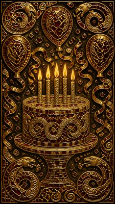 a birthday cake with lit candles surrounded by balloons and confetti, festive vertical composition, no text