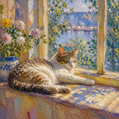a cat lounging in a sunlit window