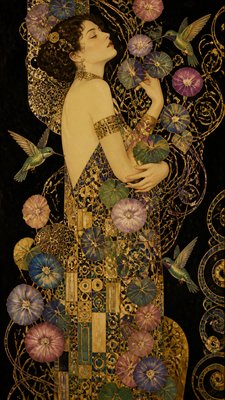 a climbing vine of flowers and hummingbirds on a dark background, tall wrapping composition, no text
