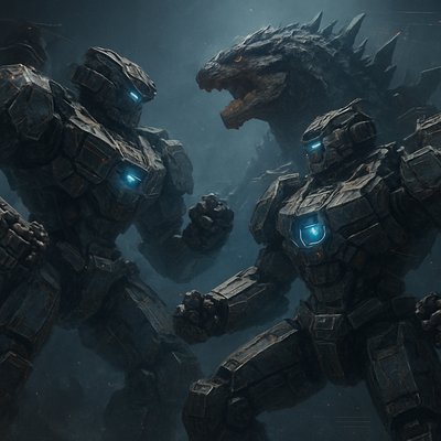 2 mechs battling each other and kaiju