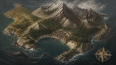 a map of an island realm with mountains, forests, a sheltered bay, sea monsters in the water and a compass rose, no text labels