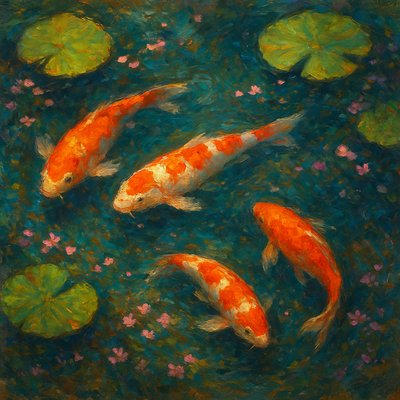 A koi pond seen from above, orange and white koi fish swimming among lily pads, clear water with subtle ripples, fallen cherry blossom petals floating on the surface, dappled sunlight
