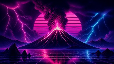 an erupting volcano with lightning strikes, dramatic wide composition, no text