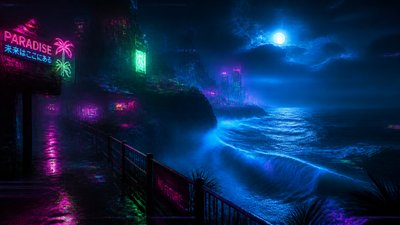 a moonlit coastline with cliffs and crashing surf, no people