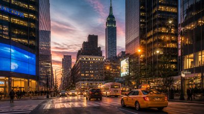 bustling city street panorama at dusk