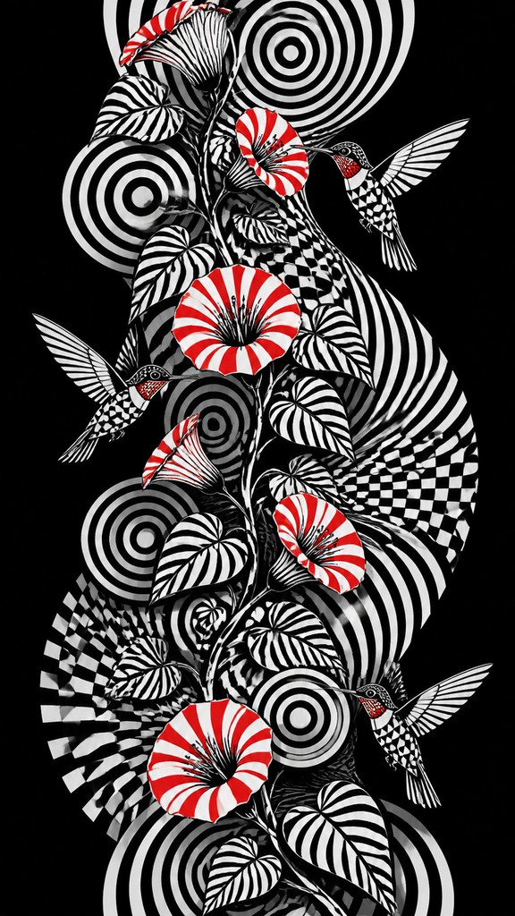 a climbing vine of flowers and hummingbirds on a dark background, tall wrapping composition, no text