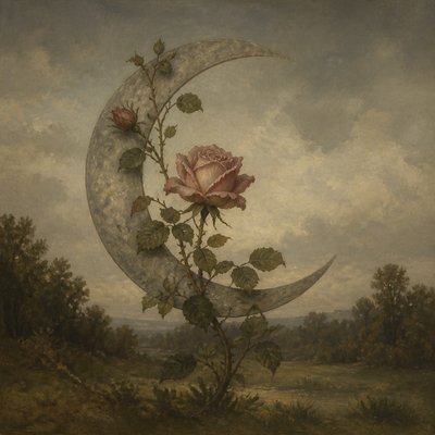 a rose entwined with a crescent moon, clean balanced composition on a plain background, no text