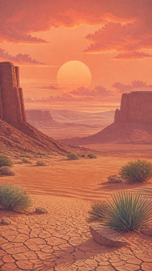 a desert canyon under a dramatic sunset sky, no people