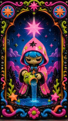 a robed figure pouring water beneath a large eight-pointed star in a night sky, symmetrical composition with an ornate decorative border, no text