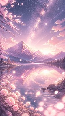 a tranquil mountain lake beneath a starry night sky, no people, no text
