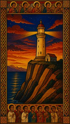 a lone lighthouse on a cliff at dusk under a dramatic sky, no text or lettering