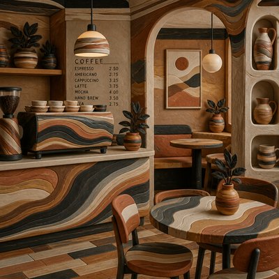 cozy cafe interior with warm lighting