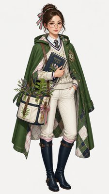 full-body original character: a wandering botanist with a satchel of plants, a patched green cloak, tall boots and round glasses, neutral background