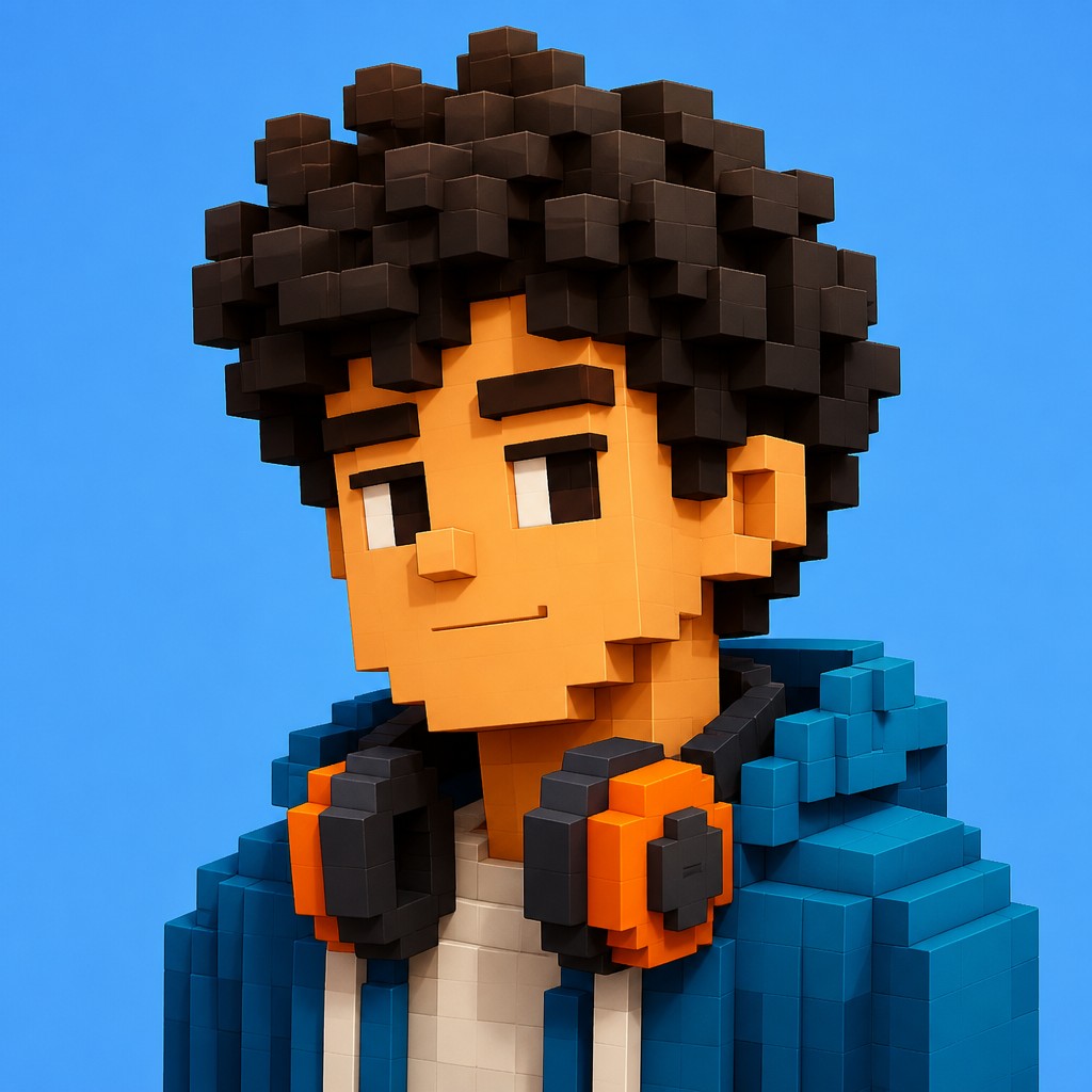 head-and-shoulders portrait of an original character: a young man with curly dark hair and headphones around his neck, plain backdrop, no text