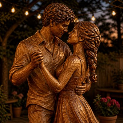 an original couple dancing under string lights in a garden at dusk: a man with short black hair in a linen shirt and a woman with braided red hair in a summer dress