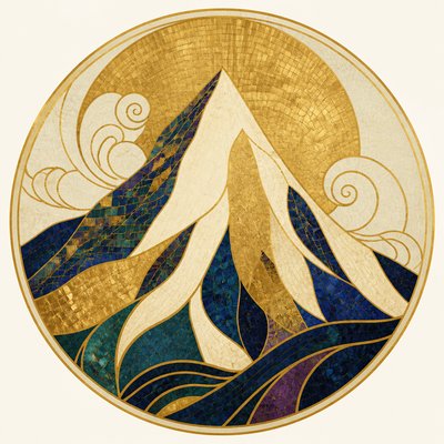 an emblem of a mountain peak inside a circle, simple bold shapes on a plain background, no text or lettering