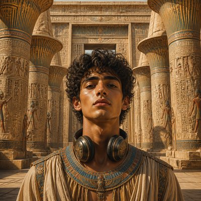head-and-shoulders portrait of an original character: a young man with curly dark hair and headphones around his neck, plain backdrop, no text