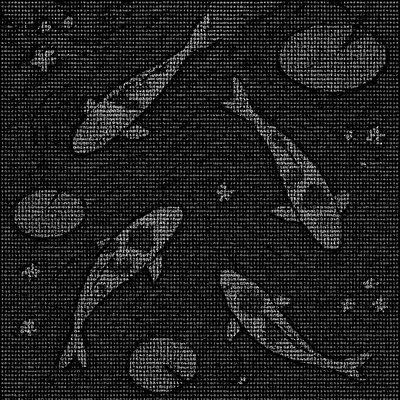 A koi pond seen from above, orange and white koi fish swimming among lily pads, clear water with subtle ripples, fallen cherry blossom petals floating on the surface, dappled sunlight