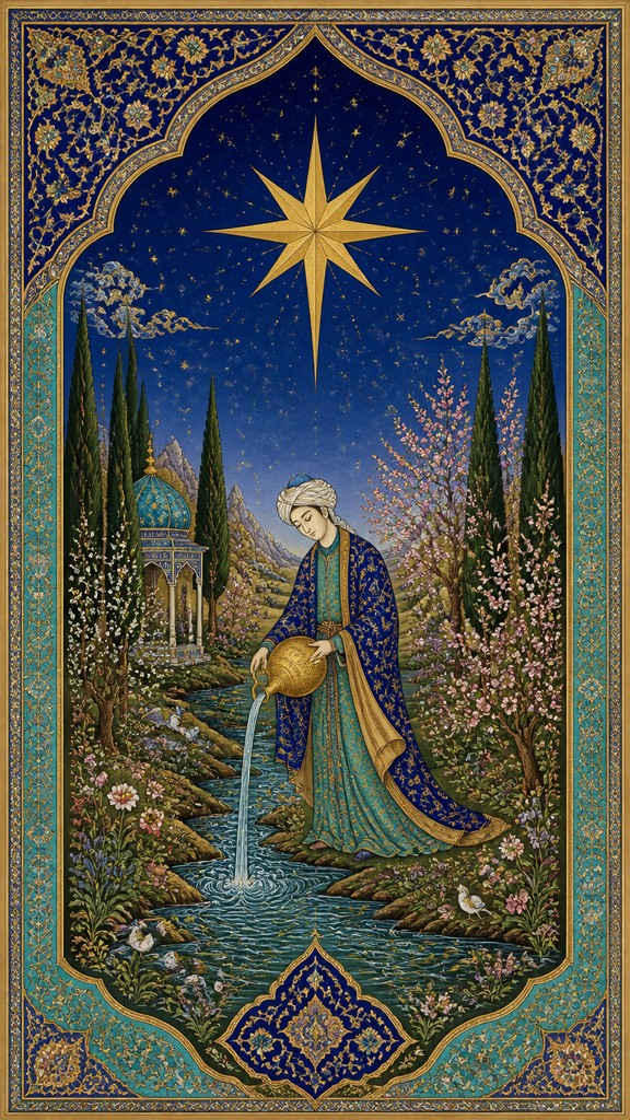 a robed figure pouring water beneath a large eight-pointed star in a night sky, symmetrical composition with an ornate decorative border, no text