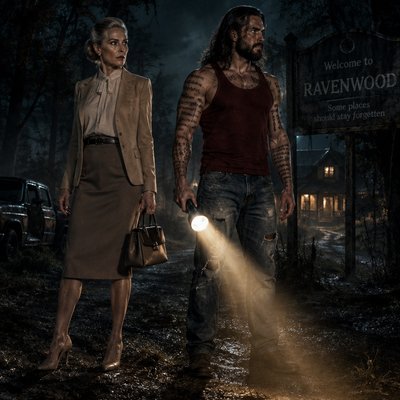 Je veux 2 personnages en mode horreur , une femme, un peu âgée avec un chignon hyper élégante habillé en beige et marron, jupe, blazer, talons, elle a l’air implabcable un deuxième personnage sexe masculin, cheveux longs barbe débardeur rouge sombre
 il tient une lampe torche,  il a des tatouages partout comme des paroles et des écritures horizontales sur tout son corp sauf sur son visage il a un jean déchiré un peu et grand musclé un peu poilu je veux qu’on dirait une affiche d’horreur qui soit dans les bois ou dans une petite ville ou dans un café peu importe, il y a une ambiance angoissant et autour de eux c’est la lumière, les deux personnages sont importants donc y en a pas un devant l’autre, ils sont côte à côte à gauche à droite