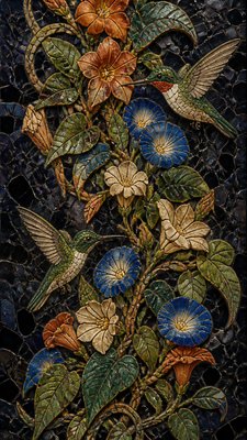 a climbing vine of flowers and hummingbirds on a dark background, tall wrapping composition, no text