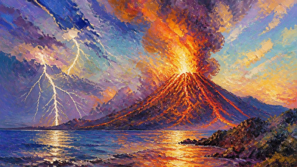 an erupting volcano with lightning strikes, dramatic wide composition, no text