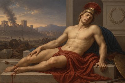 a painting of a man sitting on a ledge