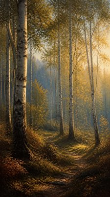 a serene birch forest in soft morning light, no people, no text