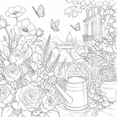 a garden scene with butterflies, flowers and a watering can, clean uncolored line art, no text