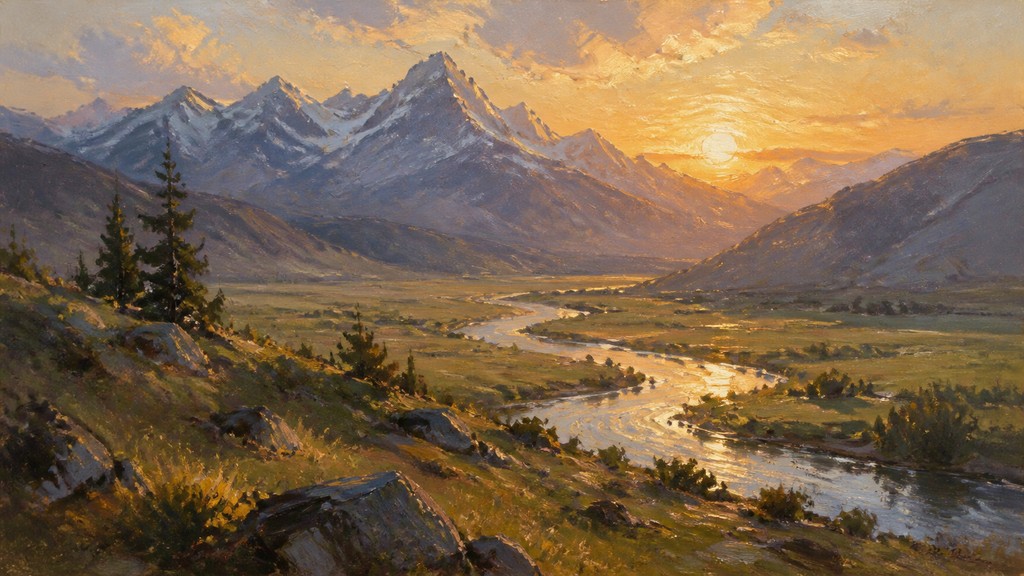 a vast valley with a river winding toward distant mountains at sunrise, no people, no text