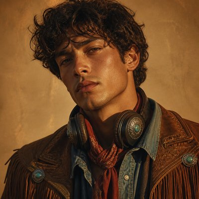 head-and-shoulders portrait of an original character: a young man with curly dark hair and headphones around his neck, plain backdrop, no text