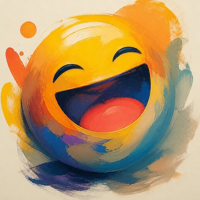an exaggerated laughing face of an original round mascot character, bold and readable at small size, plain background, no text