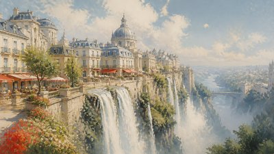 a cliffside city with waterfalls cascading into a misty canyon, wide establishing shot, no people, no text