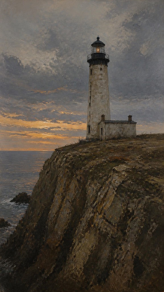 a lone lighthouse on a cliff at dusk under a dramatic sky, no text or lettering